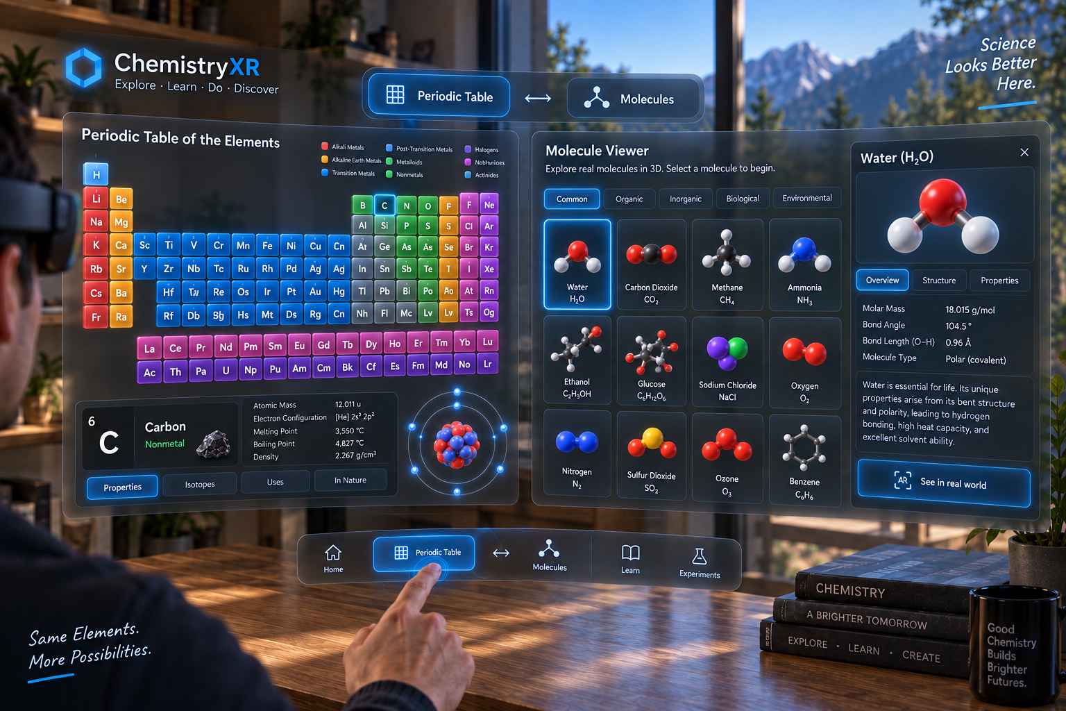 ChemistryXR concept showing a spatial periodic table and a library of 3D molecules in a sunlit room